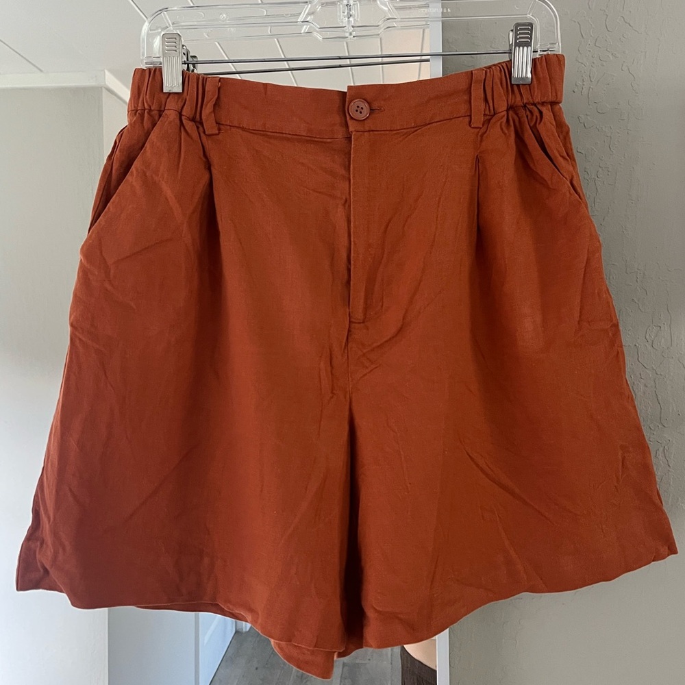 Rust Orange High-Waisted Linen Shorts